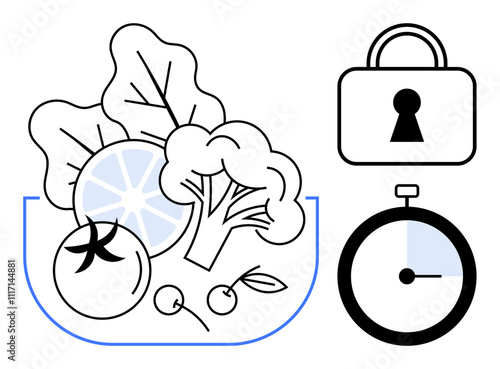 Mixed vegetables including tomato, broccoli, leafy greens, and lemon. Lock and timer indicating security and efficiency. Ideal for healthy living, diet planning, time management, wellness nutrition