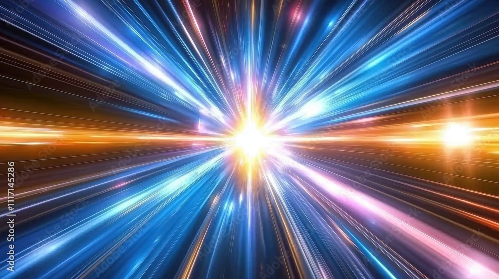 Vibrant Stream Of Light Rays Surging Through Space With Colorful Energy Explosion Vibrant Stream Of Light Rays Surging Through Space With Colorful Energy Explosion