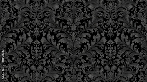 Intricate Black Floral Damask Pattern with Elegant Swirls and Detailed Design Elements