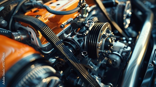 Engine belt spinning inside a high performance car photo