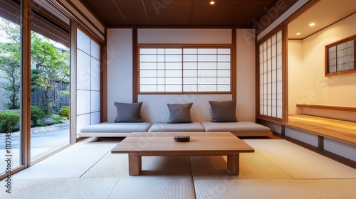 Wallpaper Mural style interior with a low sofa, clean white walls, and a minimalist wood coffee table Torontodigital.ca