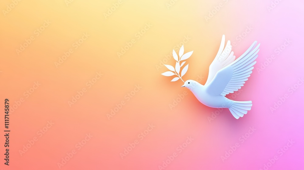 Obraz premium Playful illustration of a white dove with smooth outlines, carrying an olive branch, set against a bright and cheerful gradient background, radiating freedom and hope