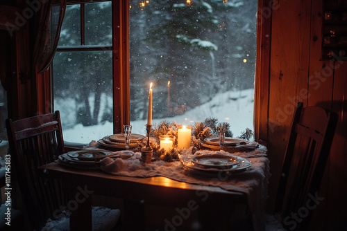 A cozy candlelit dinner in a small cabin with music photo