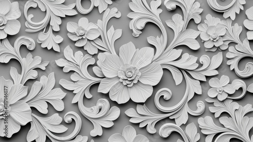 Elegant White Floral Relief Pattern on Gray Background for Interior Design