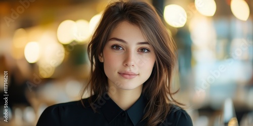 An elegant woman wearing a black shirt and with brown hair, looking at the camera, with a restaurant background and soft focus.