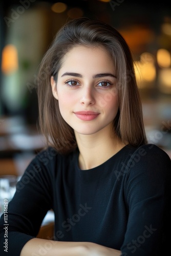 An elegant woman wearing a black shirt and with brown hair, looking at the camera, with a restaurant background and soft focus.