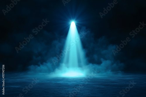 A dramatic beam of blue light piercing through dark fog, creating a ethereal atmosphere.