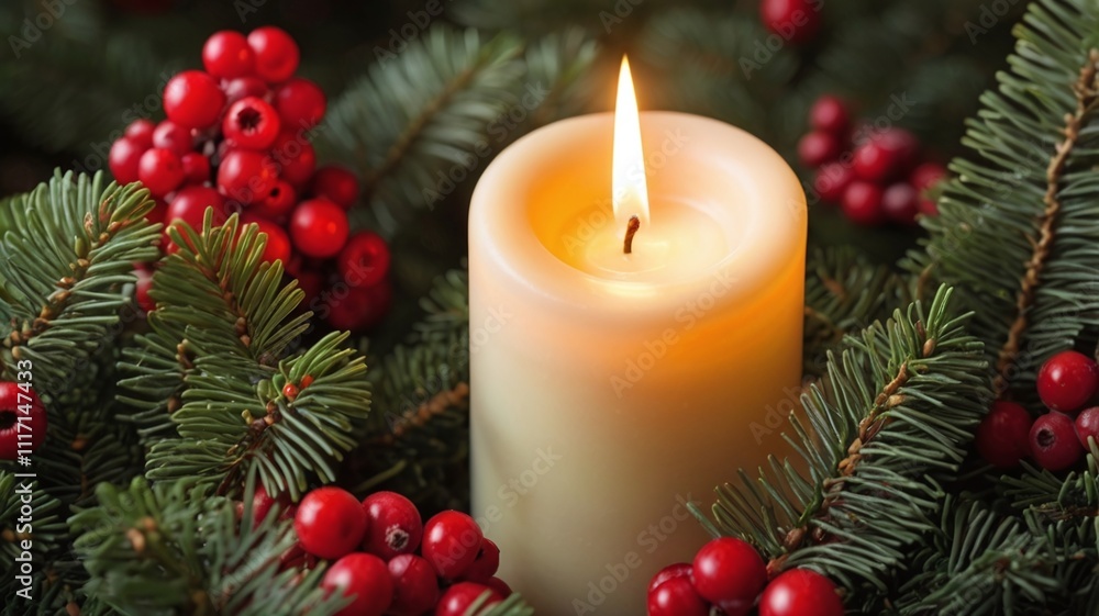 A close-up of a glowing candle set among vibrant green spruce branches, accented by clusters of red berries. The soft candlelight casts a warm glow, creating a cozy holiday atmosphere. A close-up of a glowing candle set among vibrant green spruce branches, accented by clusters of red berries. The soft candlelight casts a warm glow, creating a cozy holiday atmosphere.