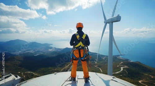 A worker in safety gear stands atop a wind turbine, overlooking a scenic coastal landscape.