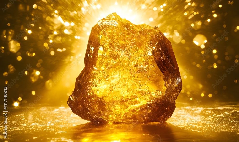 Luminous amber gemstone on golden background. Luminous amber gemstone on golden background.