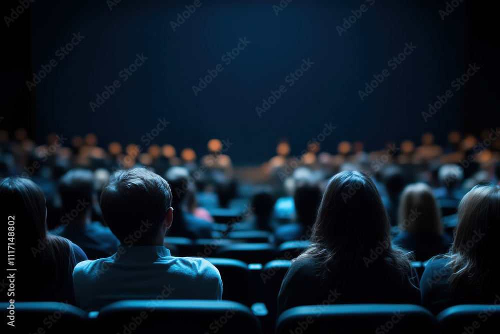 Audience watching performance in dimly lit theater, focused and engaged Audience watching performance in dimly lit theater, focused and engaged
