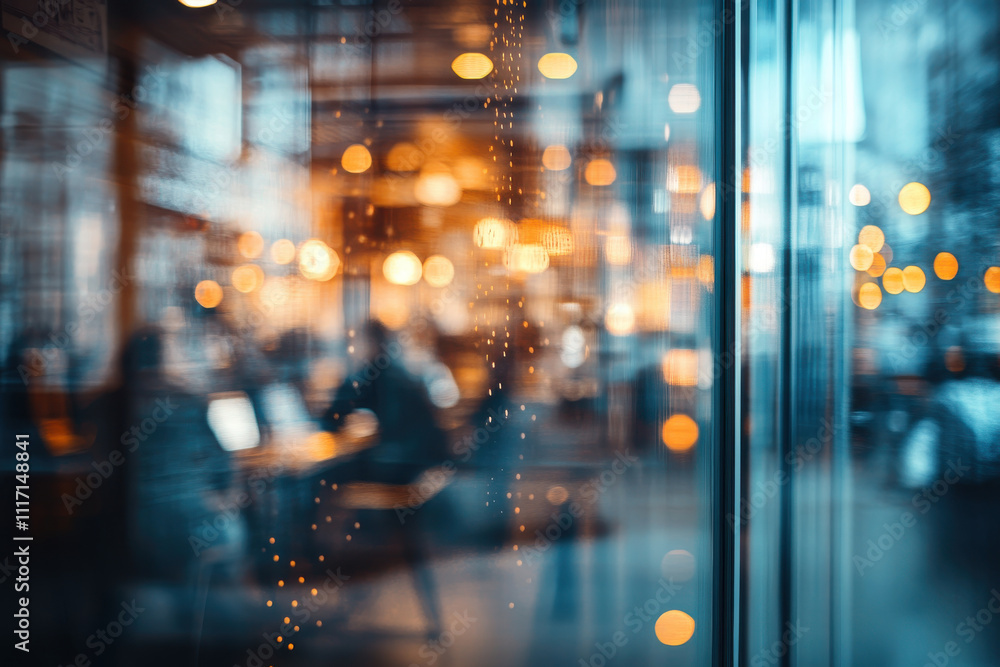 blurred view of people in modern office with warm lights blurred view of people in modern office with warm lights