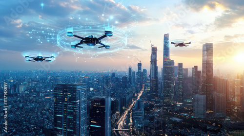 Futuristic city skyline with drones flying over urban landscape