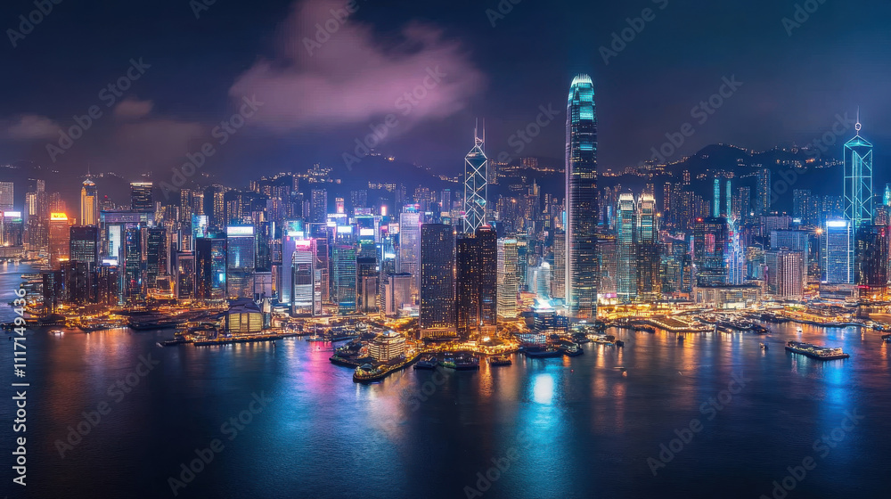 Fototapeta premium stunning panoramic view of smart city skyline at night, showcasing vibrant lights and modern