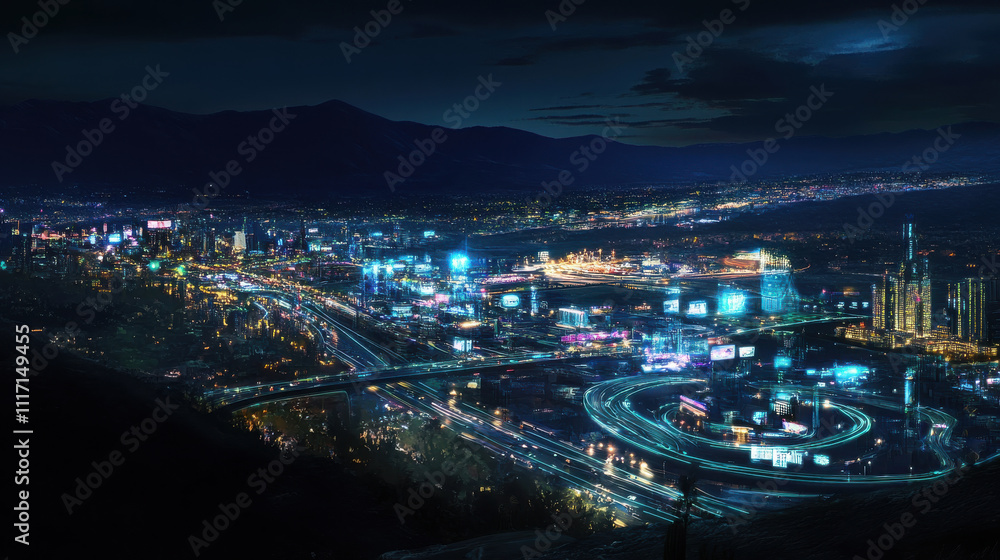 Fototapeta premium panoramic view of smart city at night, showcasing vibrant lights and modern architecture