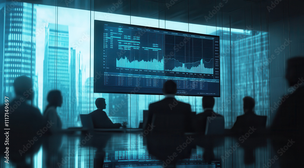 group of business people in office setting analyzing data on screen group of business people in office setting analyzing data on screen