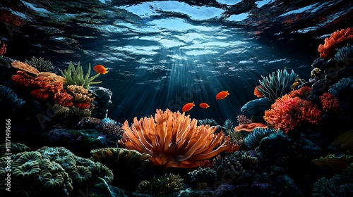 An underwater coral reef at dawn with vibrant colors photo