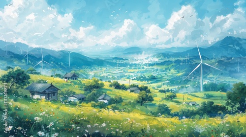 Scenic rural landscape with wind turbines, wildflowers, and houses nestled in green hills under a bright sky.