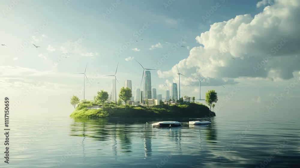 Naklejka premium Conceptual design of a floating city powered by renewable energy sources