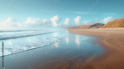 Serene beach scene at sunrise, with gentle waves lapping the shore and sand dunes in the background.