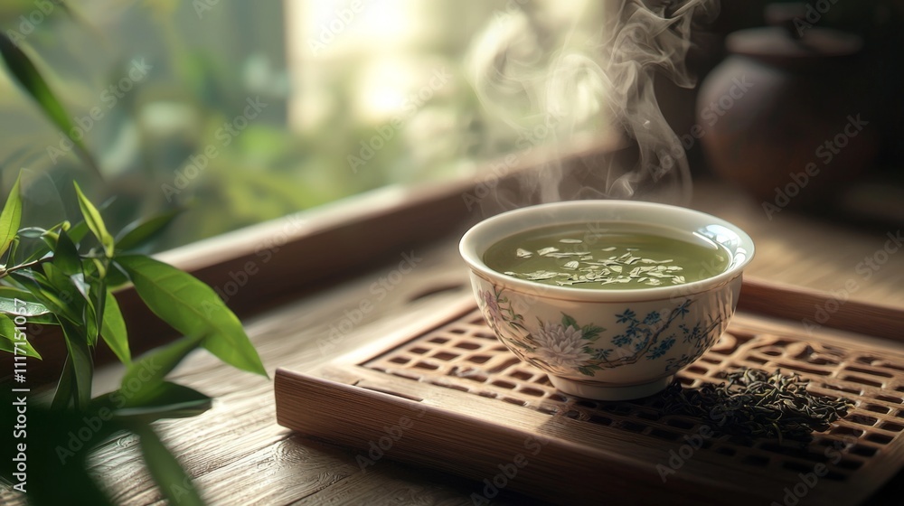 Steaming Cup of Chinese Green Tea Wooden Tray Tea Leaves Tranquil Tea Room Steaming Cup of Chinese Green Tea Wooden Tray Tea Leaves Tranquil Tea Room