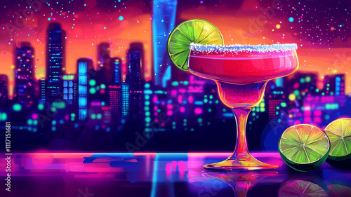 vibrant cocktail against colorful urban skyline at night, featuring margarita glass with lime slice and salt rim, evoking lively atmosphere photo