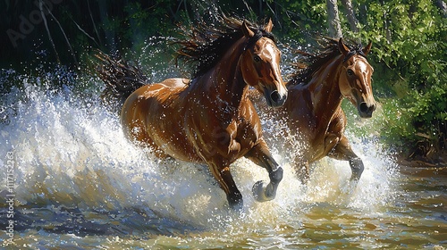 Majestic wild horses running through water 