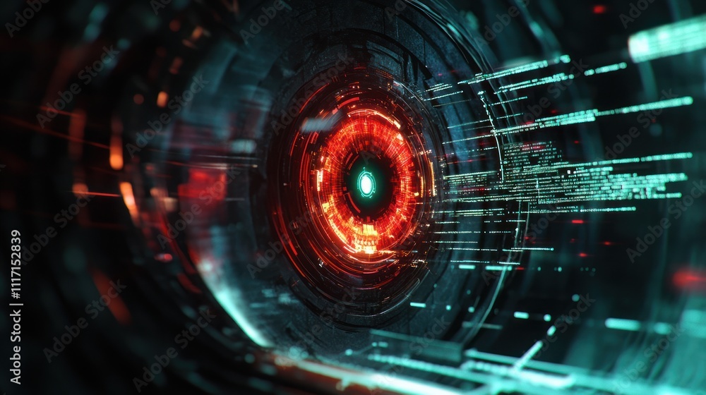 Fototapeta premium A futuristic digital eye with glowing elements and dynamic lines.