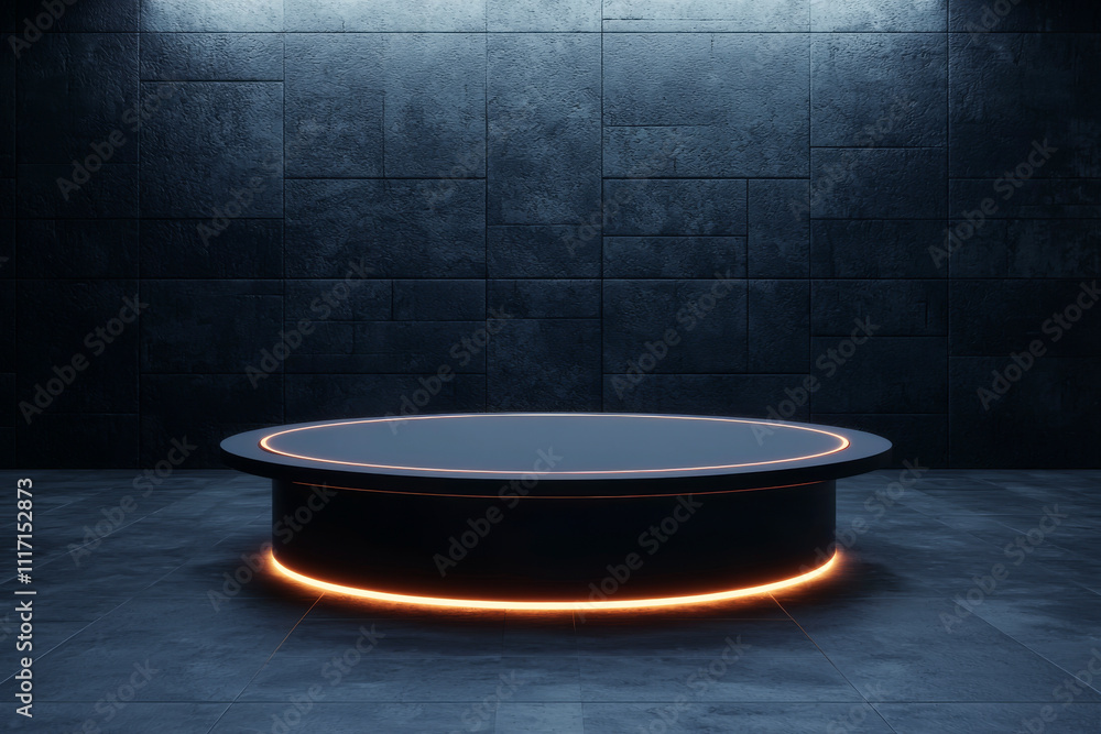 A modern, illuminated platform in a dark, minimalist setting. A modern, illuminated platform in a dark, minimalist setting.