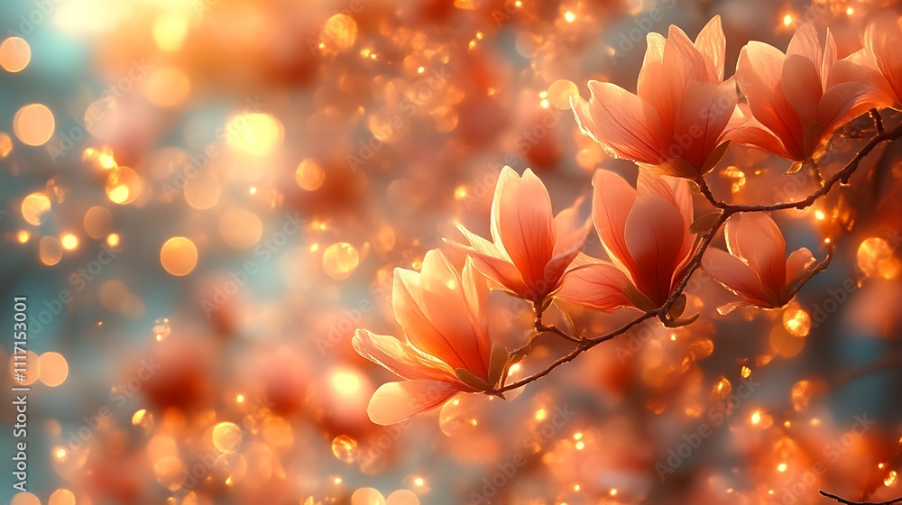 Blooming Magnolia Flowers in Golden Sunlight Blooming Magnolia Flowers in Golden Sunlight