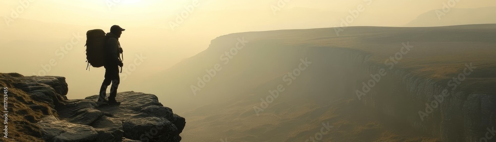 Sole Adventurer Silhouetted Explorer on Rocky Outcrop Amid Misty Mountains, Solitary Journey in Vast Landscape, Serene Adventure Photography Sole Adventurer Silhouetted Explorer on Rocky Outcrop Amid Misty Mountains, Solitary Journey in Vast Landscape, Serene Adventure Photography