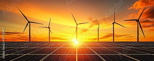 Sunset Symphony of Sustainability Majestic Solar Farm and Wind Turbines Embracing Renewable Energy Hope, Panoramic Eco Landscape for Green Future