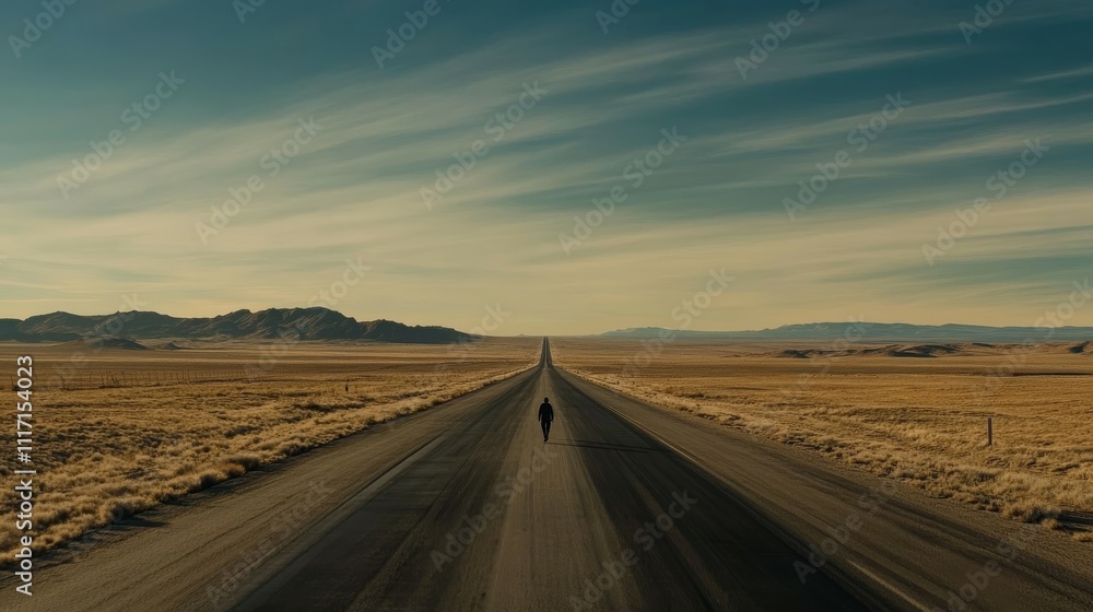 Fototapeta premium Journey into Solitude Lone Wanderer on Endless Road in Vast Desert Landscape - Cinematic Adventure into Freedom and Isolation