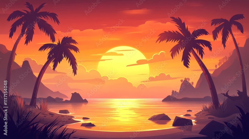 Golden Sunset Serenity Symmetrical Tropical Beach Landscape with Palm Trees, Ocean Sunset, Tranquil Setting, Warm Colors, Calming Atmosphere - Ideal for Travel Marketing and Golden Sunset Serenity Symmetrical Tropical Beach Landscape with Palm Trees, Ocean Sunset, Tranquil Setting, Warm Colors, Calming Atmosphere - Ideal for Travel Marketing and