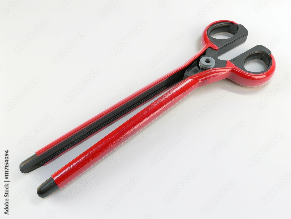 A pair of red-handled scissors with a sleek design, featuring metal blades and a comfortable grip, suitable for various cutting tasks. A pair of red-handled scissors with a sleek design, featuring metal blades and a comfortable grip, suitable for various cutting tasks.