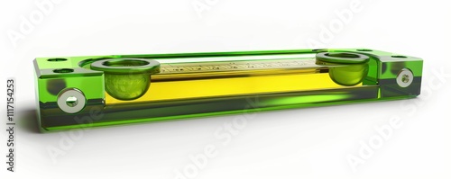 A transparent green level tool with bubbles, used for measuring horizontal or vertical alignment. photo