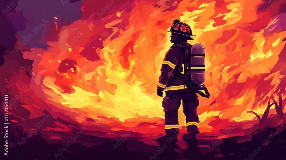 Brave Firefighter Contemplating Inferno - Dramatic Illustration of Heroism and Danger Brave Firefighter Contemplating Inferno - Dramatic Illustration of Heroism and Danger
