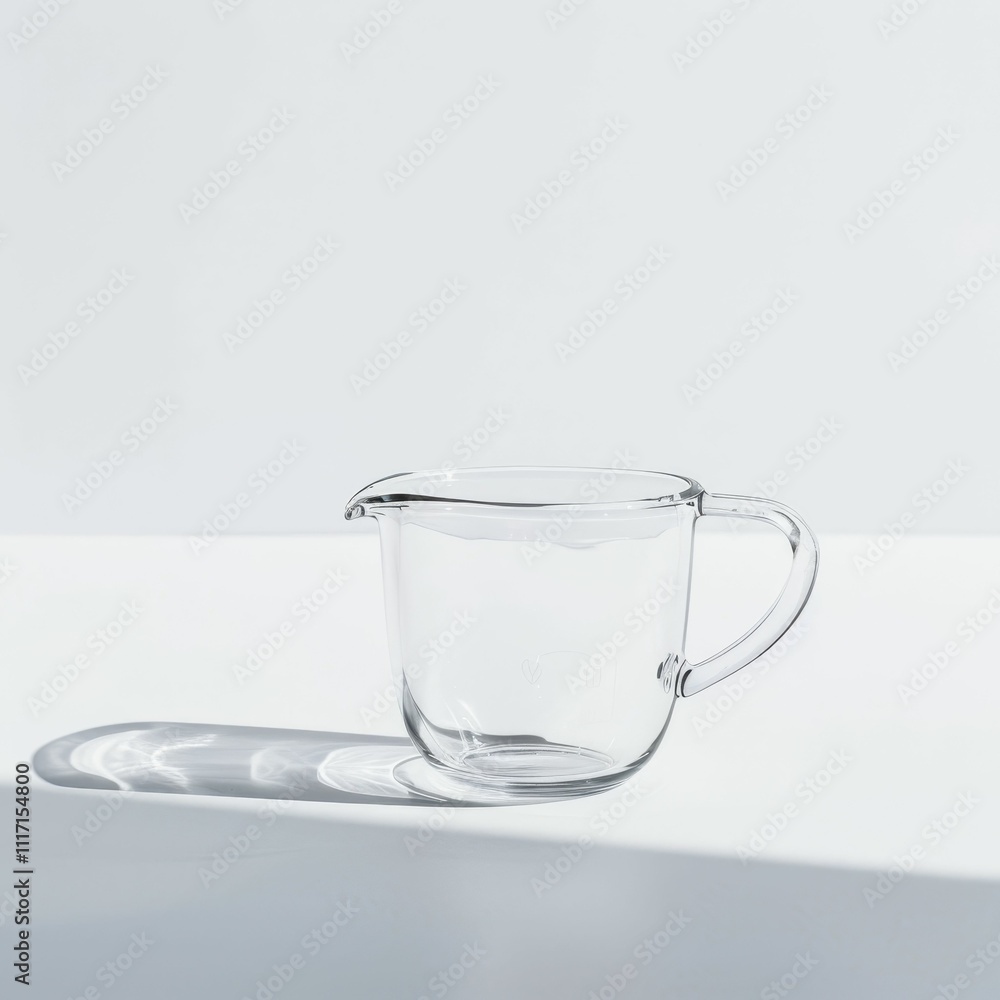 A transparent glass measuring cup rests on a light surface, casting a delicate shadow, showcasing minimalistic design and clarity. A transparent glass measuring cup rests on a light surface, casting a delicate shadow, showcasing minimalistic design and clarity.