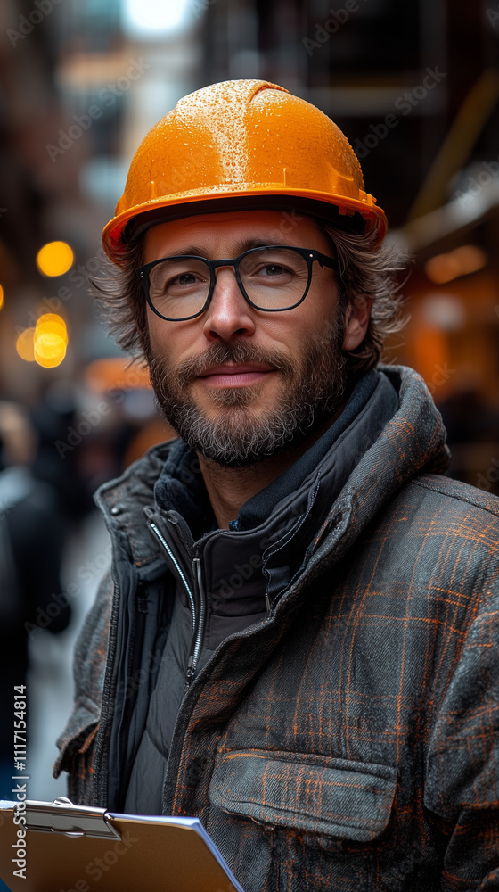 Construction worker with hard hat and clipboard, generative ai Construction worker with hard hat and clipboard, generative ai
