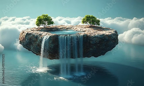 Floating rock with waterfall (mov) photo