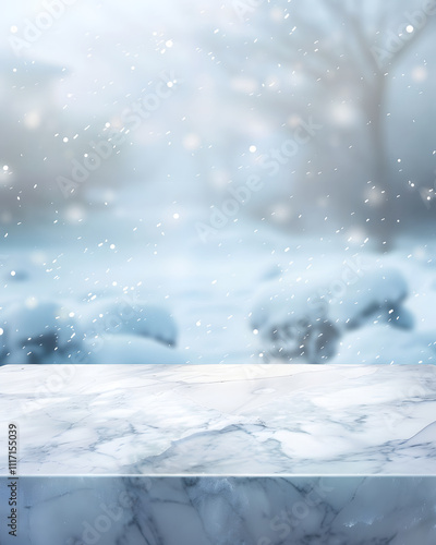 Wallpaper Mural A snowy landscape with a marble countertop, creating a serene winter atmosphere. Torontodigital.ca