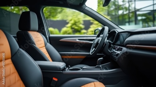 Spacious and Modern Interior of a Luxury Car with Black and Orange Leather Seats in Natural Light