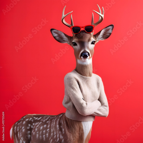 Stylish deer wearing red sunglasses and a cozy sweater against a bright red background photo