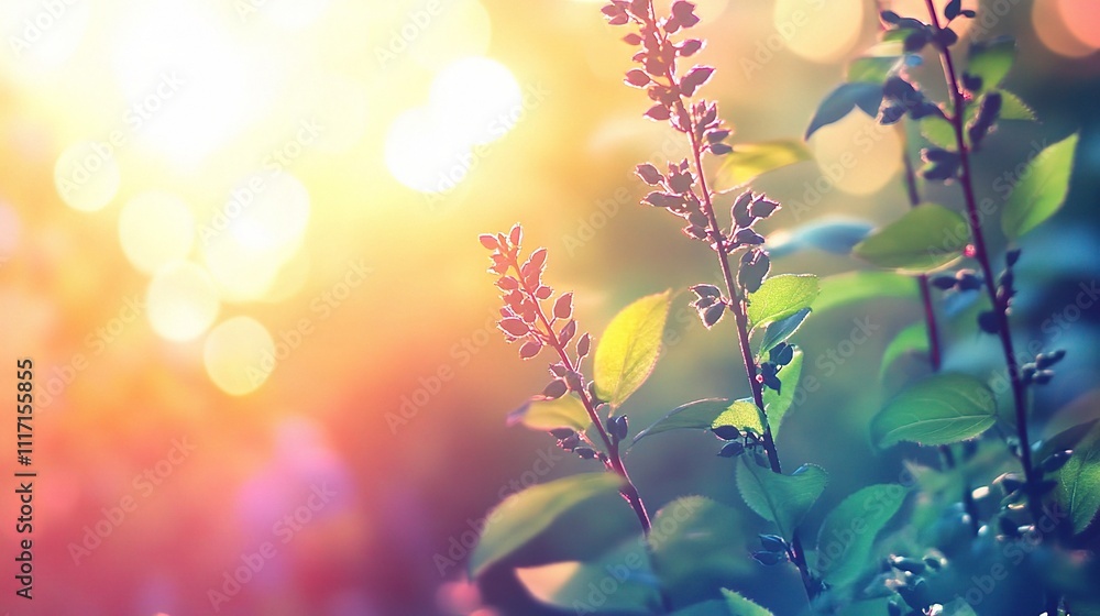 Fototapeta premium Vibrant Summer Background with Bright Light Flare and Green Leaves