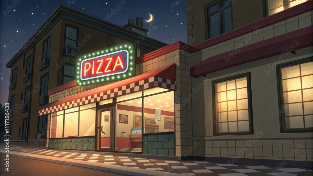Cozy animated pizza shop glowing under a night sky Cozy animated pizza shop glowing under a night sky