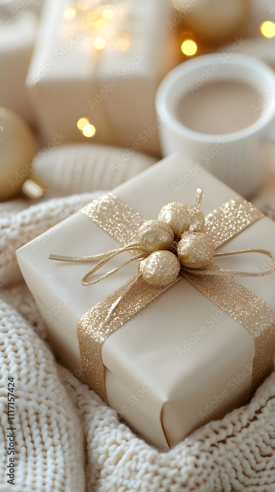 Cozy Christmas gift with warm lights and cocoa. Cozy Christmas gift with warm lights and cocoa.