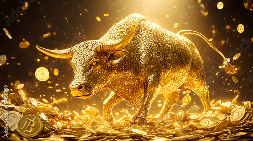 Wall Street bull in full size, all gold glistening in the sun, with many small gold coins lying around him, side view, hyperrealism, soft light, many details, photo photo