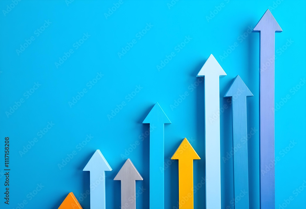Increasing arrows in various colors on blue background symbolize growth and progress. This vibrant image conveys sense of upward movement and success Increasing arrows in various colors on blue background symbolize growth and progress. This vibrant image conveys sense of upward movement and success