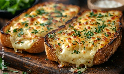 Delicious cheesy garlic bread topped with herbs on a wooden board.