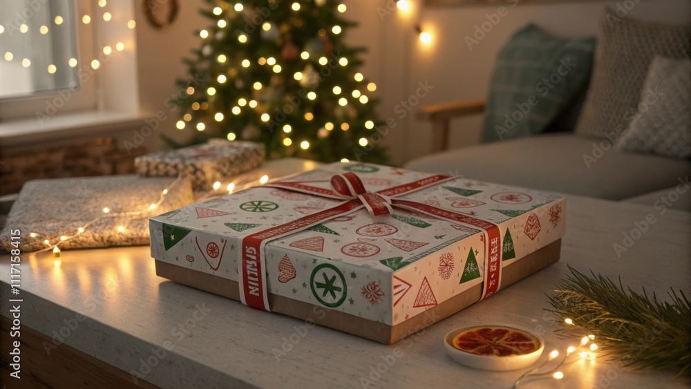 Festive Christmas gift surrounded by holiday decorations Festive Christmas gift surrounded by holiday decorations